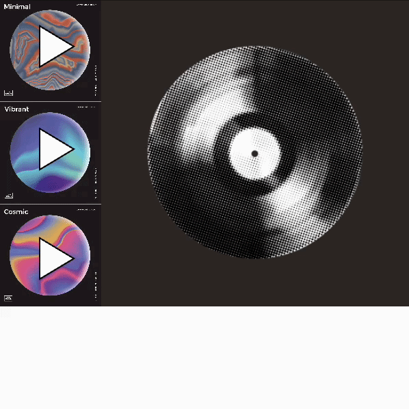 The next logical step from this was to see if I could get the record to spin when different songs were playing without falling apart. I'm sure the way I did it was not neccessarily the most effective but I was thrilled when I actually got it to work. The album covers used in this and the next one are from: DDOK. (2026). Set of abstract trendy backgrounds . Adobe Stock. https://stock.adobe.com/ca/images/set-of-abstract-trendy-backgrounds/238931455?prev_url=detail