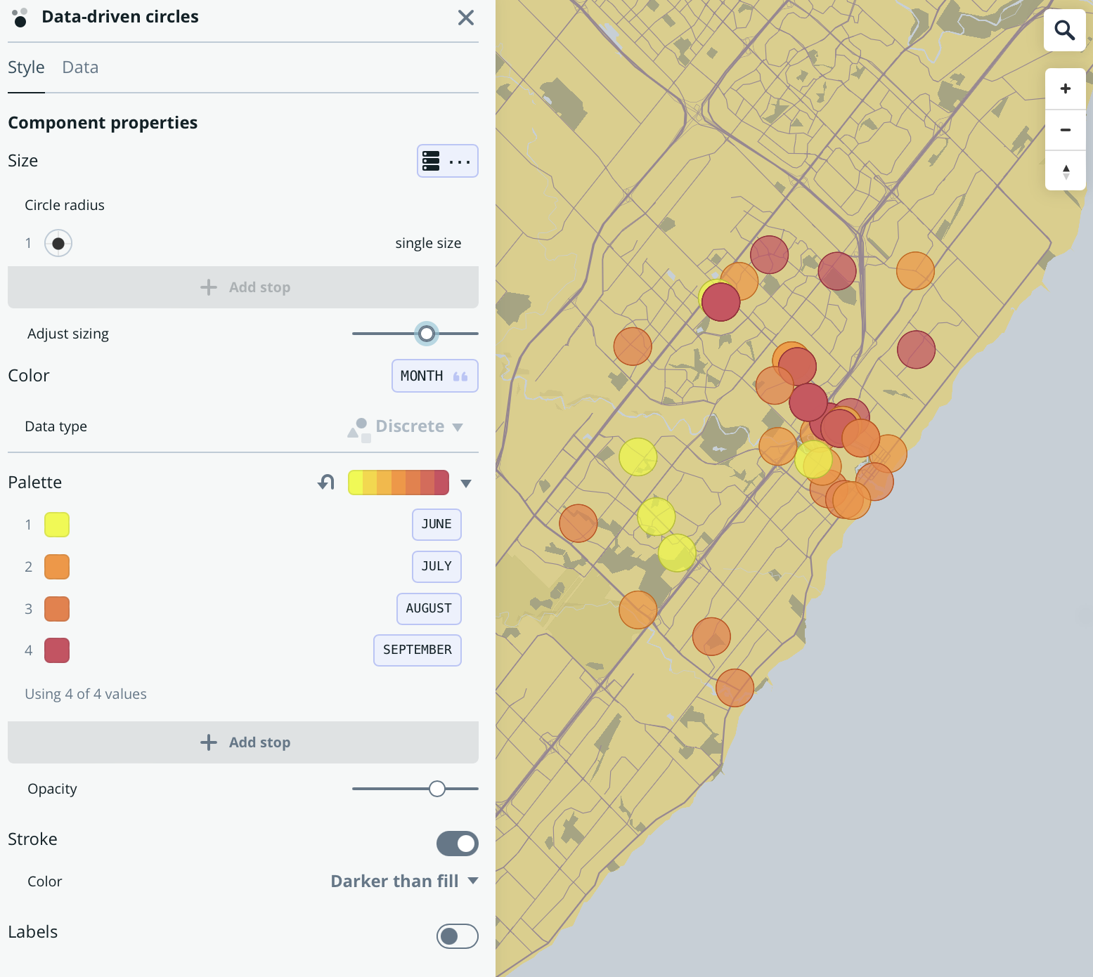playing with colour and size elements of data driven circles