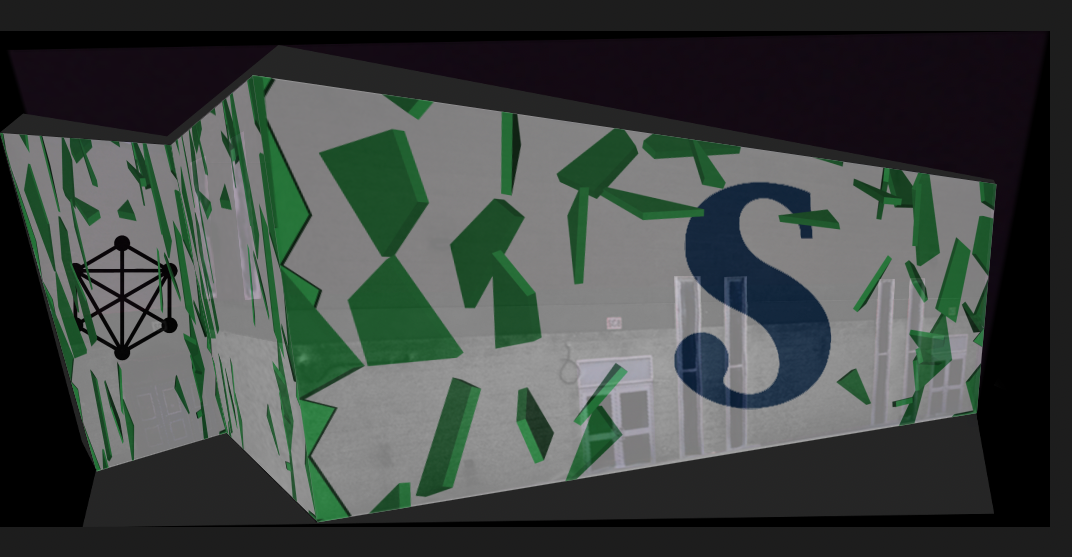 Shatter effect with images behind it slightly less opaque so that you can see the building behind it