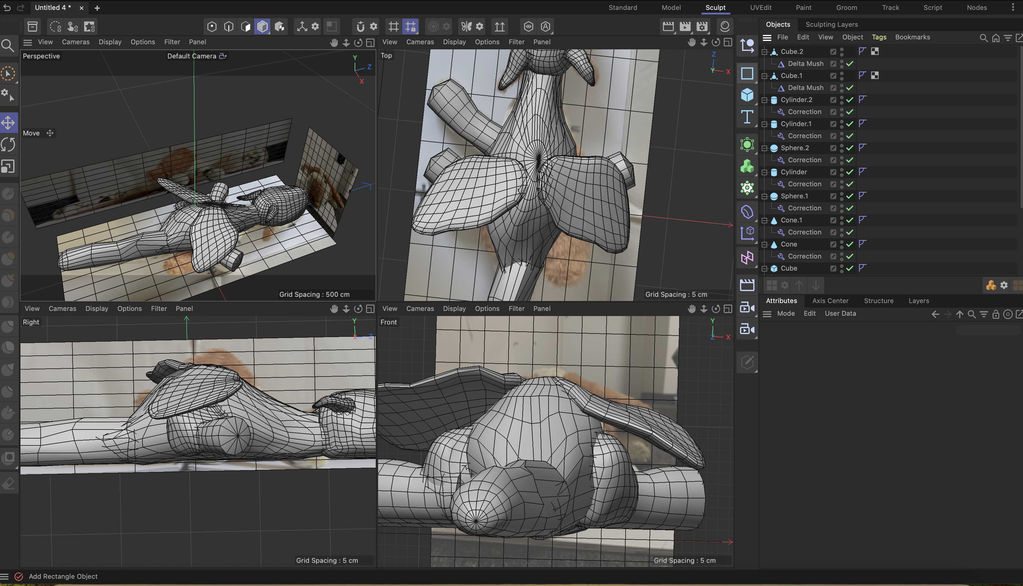 the model is a series of mostly cubes and cylinders thet were deformed by hand using the move tool in the sculpt setting to try to make it look more organic and soft. If I did this again I would just confirm and make it a polyfon onject instead of using the correction deformer so that i could select faces to make different colours once I was done. I did not try to add the embrodiery details due to time constraints.
