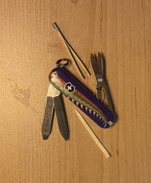 one of the objects I plan to scan as a starting point for formstorming 2- this is a multitool that I got from my dad and I use for all my sowing projects. The mini scisors are great for thread, and it comes from my dad who has his own collection of multitools. 